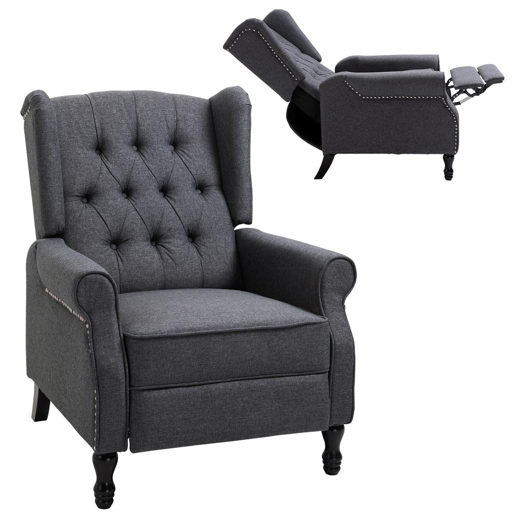 Recliner Armchair, Vintage Reclining Chair with Nail Head Trim, Wingback Chair with Button Tufted Back and Footrest, for Living Room, Dark Grey