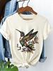 Decorative Style Hummingbird And Leaf Pattern Printed Round Neck Short Sleeved Tshirt For Summer Casual And Natural Fresh Top