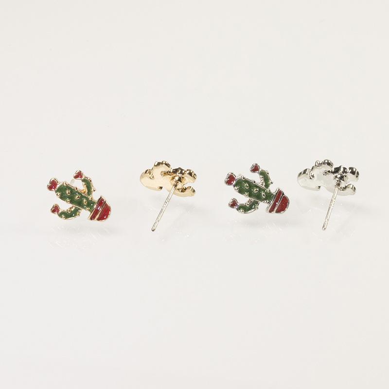 S925 Silver Needle Earrings Simple Female Small Premium Sense Painted Oil Cactus Earrings Internet celebrity Gold East Gate Earrings