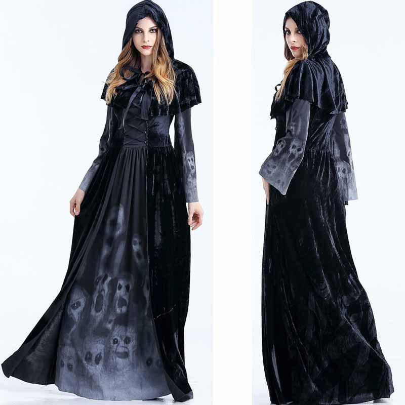 Adult Halloween Witch Devil Costume Horror Skull Long Dress Vampire Role Play Outfit Stage Party