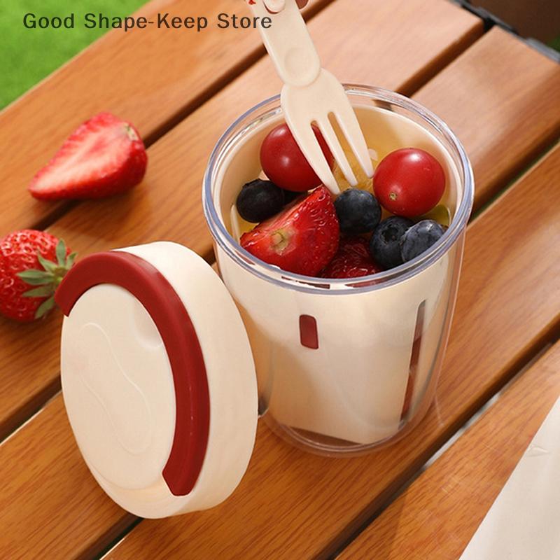 Double Layer Salad Cup For Picnic Drainable Fruit Box With Fork Outdoor Portable Tableware Leakproof Food Leak-Proof Fruit Cup
