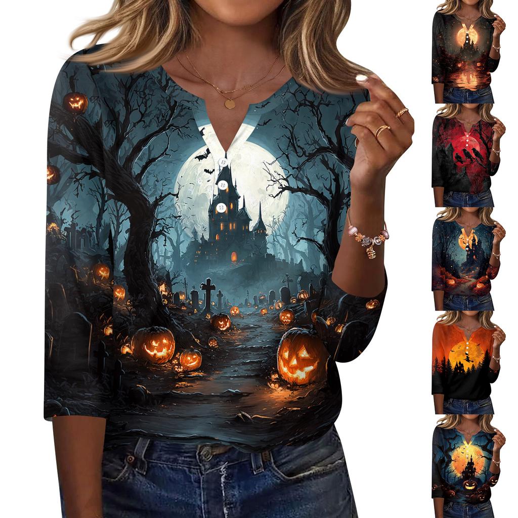 Women's Casual Halloween Print V-Neck Button Three-Quarter Sleeve T-Shirt