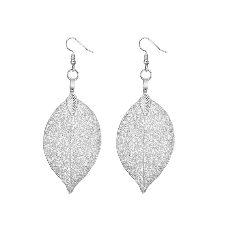 Unique Filigree Wedding Earrings for Women Gold Silver Color Natural Real Leaf Earrings Chain Long Necklace Jewelry Set Gift