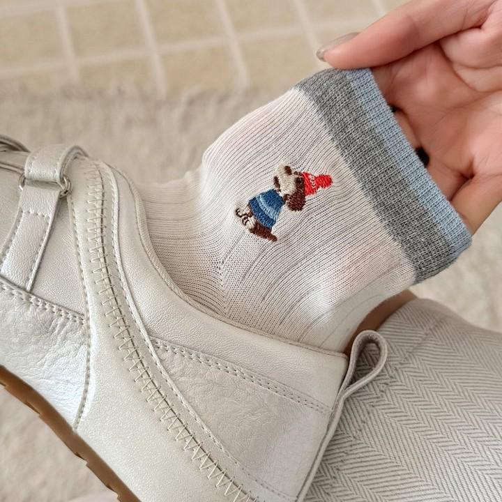 Women's Cute Cartoon Embroidered Ankle Socks - Breathable, Thin, Color Block, Ribbed Cuff for Spring/Summer