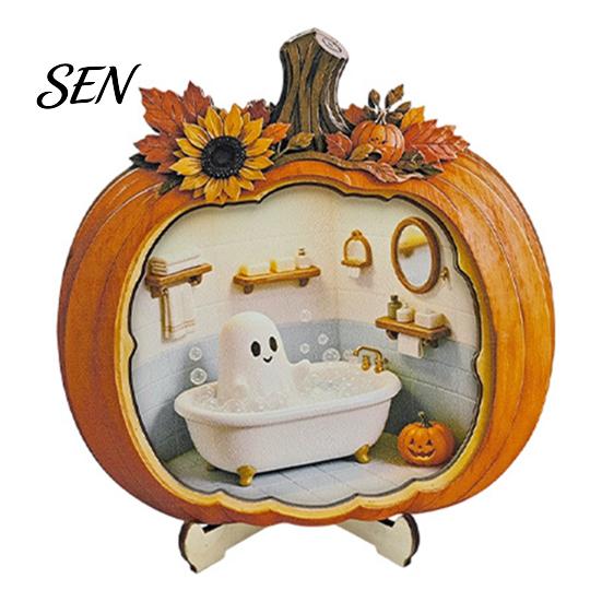 Solid Wood Autumn Home Accents Halloween Ghost Pumpkin Tabletop Sign, Wooden House with Mini Tiered Tray Ornaments Scene, Fall Harvest Desktop