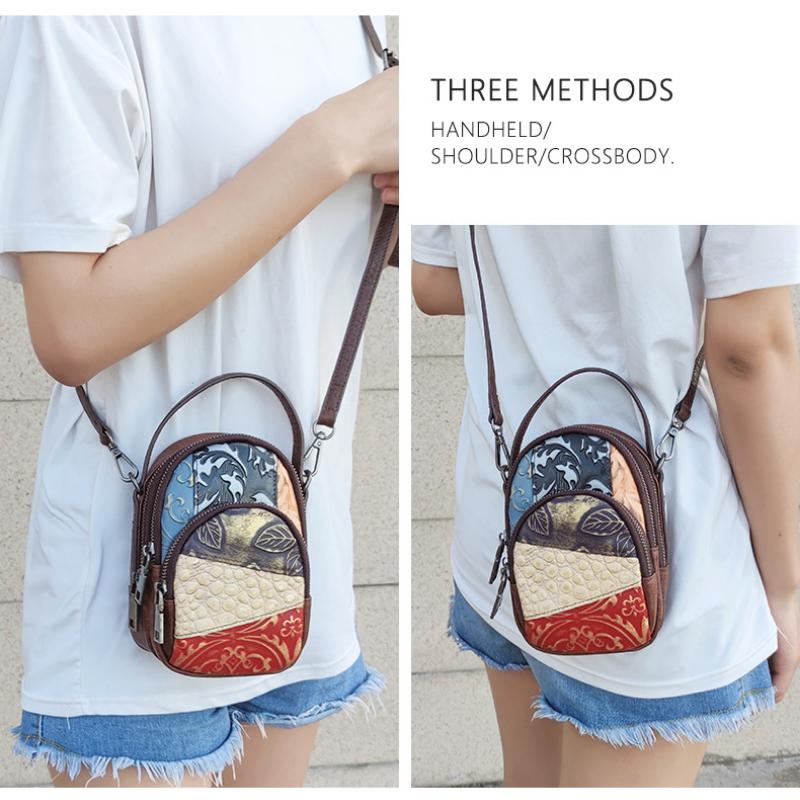 Johnature Vintage Pravá kůže Malé crossbody kabelky pro ženy Náhodné barevné prošívání Všestranné Měkké Hovězí kůže Tašky přes rameno