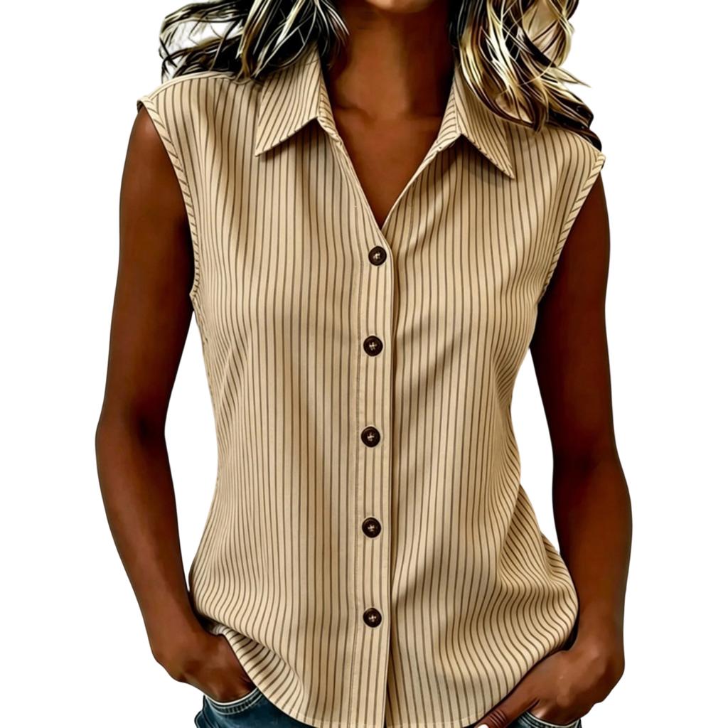 Women’s Collared Button Down Striped Sleeveless Shirt Top with Classic Fit for Daily Office Wear and Casual Outings