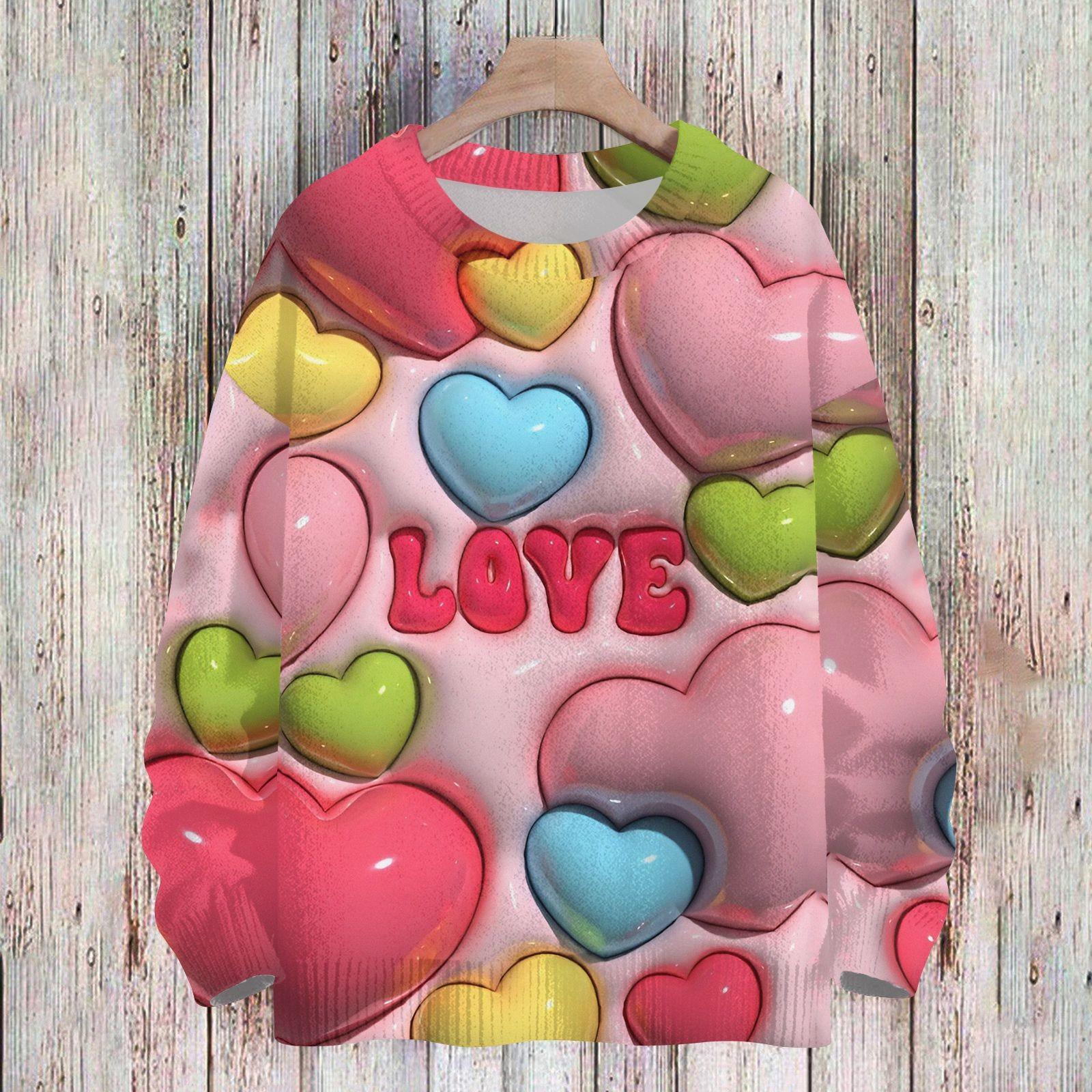 

Женская мода круглый вырез повседневный длинный рукав с принтом ко Дню святого Валентина шерстяной трикотажный топ XL арбуз красный