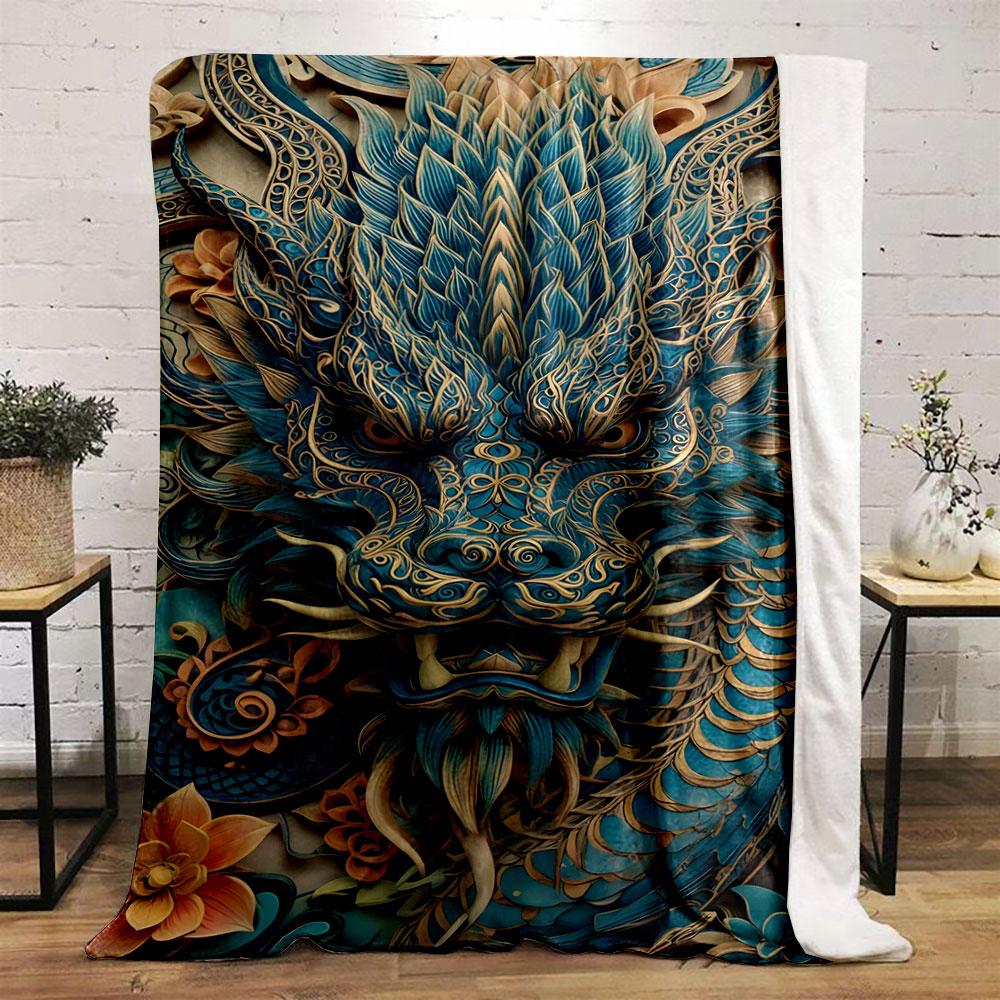 Intricate blue dragon design with detailed scales, flowers, and patterns. for all seasons blanket lunch break throw gift