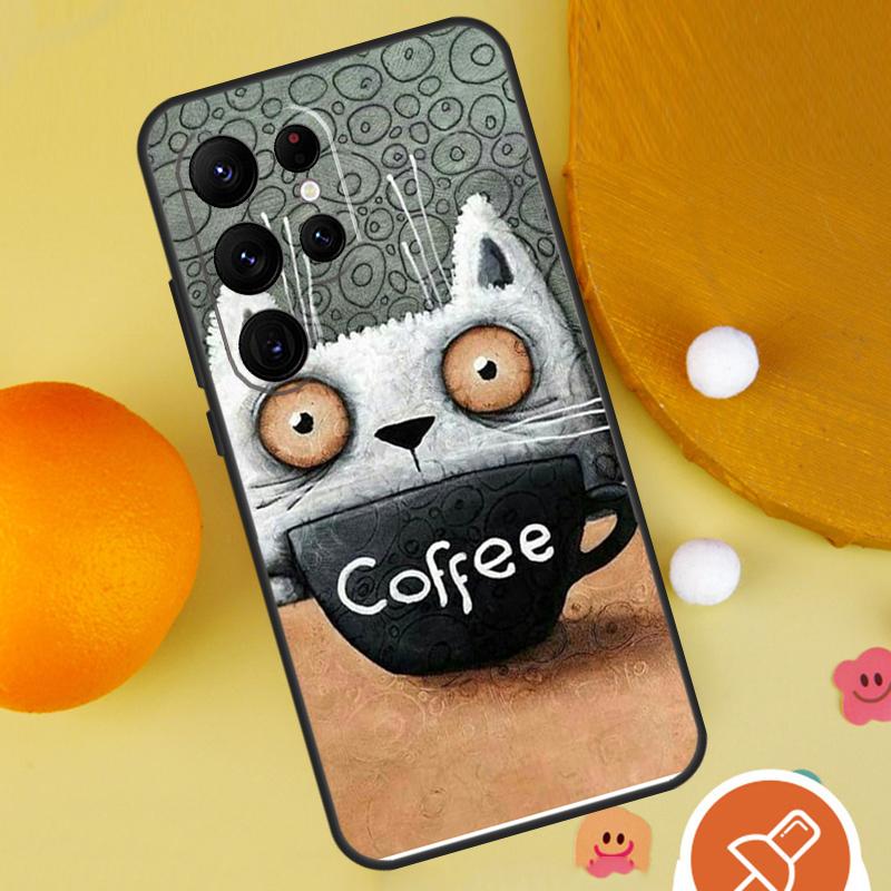Cute Animal Cat Coffee Case For Samsung Galaxy S25 Ultra S24 S23 S22 S21 Ultra S9 S10 S20 Plus S24 FE Funda Cover
