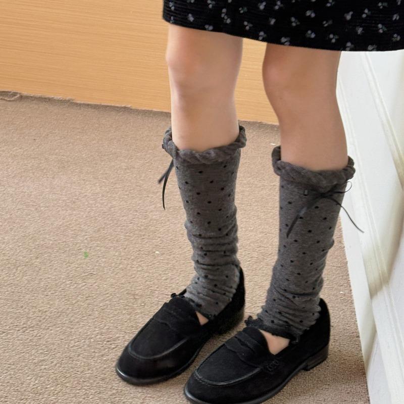 2 Pairs of Retro Polka Dot Sock Covers, Bow Pile Socks, Double-needle Socks, Slimming Leg Covers for Women