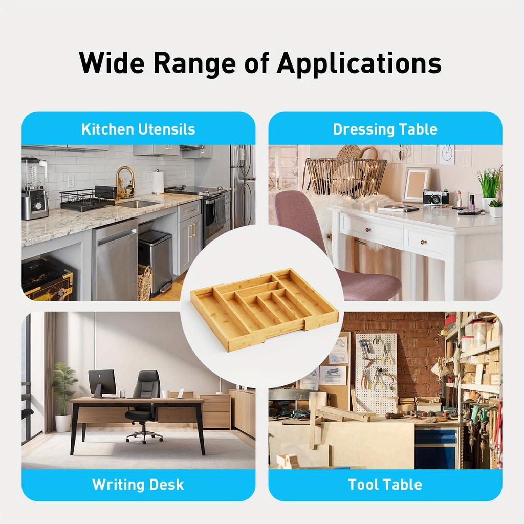 Versatile Bamboo Expandable Drawer Organizer for Cutlery, Adjustable Tray, Wooden Drawer Dividers for Organizing Silverware,