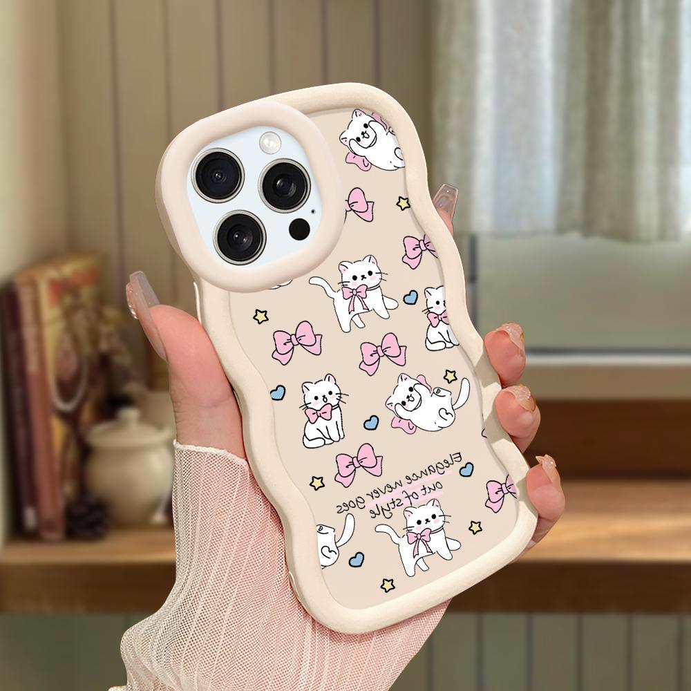 For iPhone Redmi 13 13C 14C Note 13 12 Pro Samsung A05 A06 A13 A14 A15 A16 Honor X6 X6a X8 X8a Soft Wave Edge Bowknot Kitty Pattern Phone Case