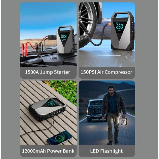 12000mAh High Capacity Multi-Function Car Jump Starter & Air Compressor, Emergency Battery Booster for Gas&Diesel Cars
