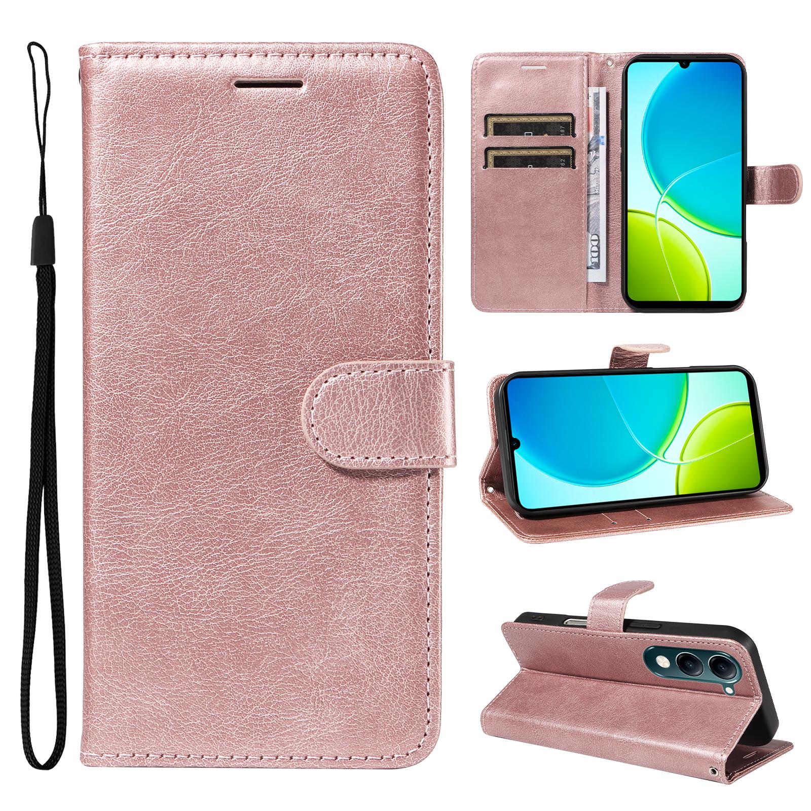 

For vivo Y04 4G/vivo Y29s 5G Leather Wallet Case with Strap Solid Color Phone Stand Cover Rose Gold