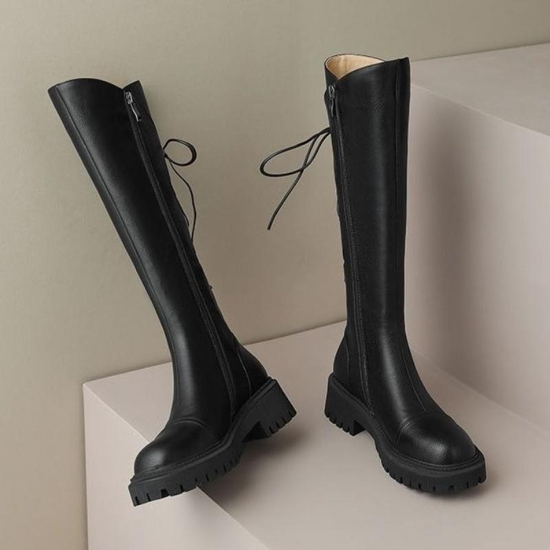 Fashion Autumn Winter Leather Fleece-Lined Platform Round Toe Long Boots for Women Trend 2025 Gyaru Lace-up Knee High Shaft Shoes Woman