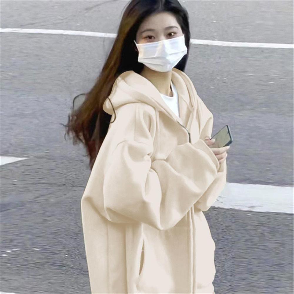 Women's Hood Collar Long Sleeve Zip Up Hoodie Loose Fit Minimalist Sweatshirt Jacket