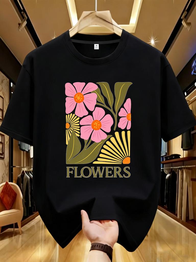 WZM1021220Creative flower print plus size Unisexs round neck summer casual short sleeved street fashion versatile Tshirt