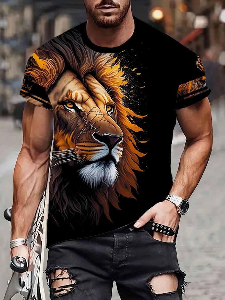 Men's 3D Lion Print T-Shirt, Casual Short Sleeve Round Neck Top, Polyester Spandex Blend, Machine Washable, Ideal for Everyday and Sporty Looks