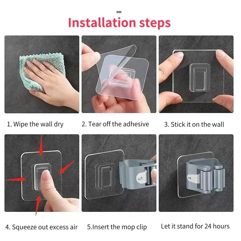 Self-adhesive Mop Holder Broom Stand Wall Mounted Mop Support Sweeping Brush Hook Storage Organizer Bathroom Kitchen Accessories