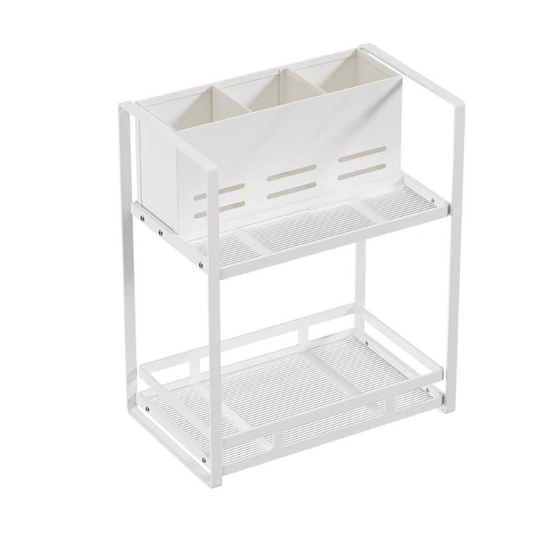 Bathroom Counter Storage Shelf, 2 Level Iron and Plastic Rack with Split Top Holder and Open Lower Tray for Bottles
