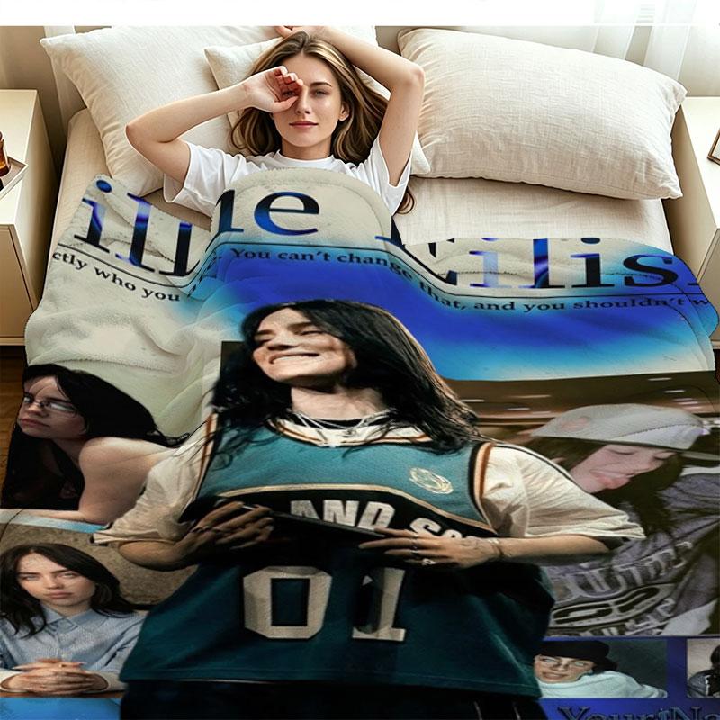 1PC Billie Eilish Custom Name Patterned Flannel Blanket Suitable For All Seasons for Home Decor Warmth and Comfort Gifts Holiday Present