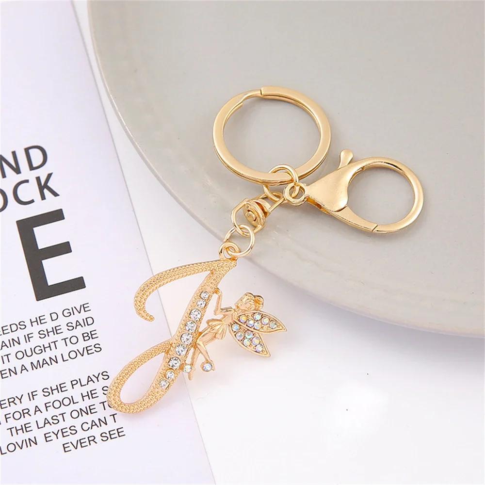 A-Z Rhinestone Elf Girl Letter Keychain Gold Color Initial Name Keyrings Girls Car Key Holder Handbag Purse Charms Decoration