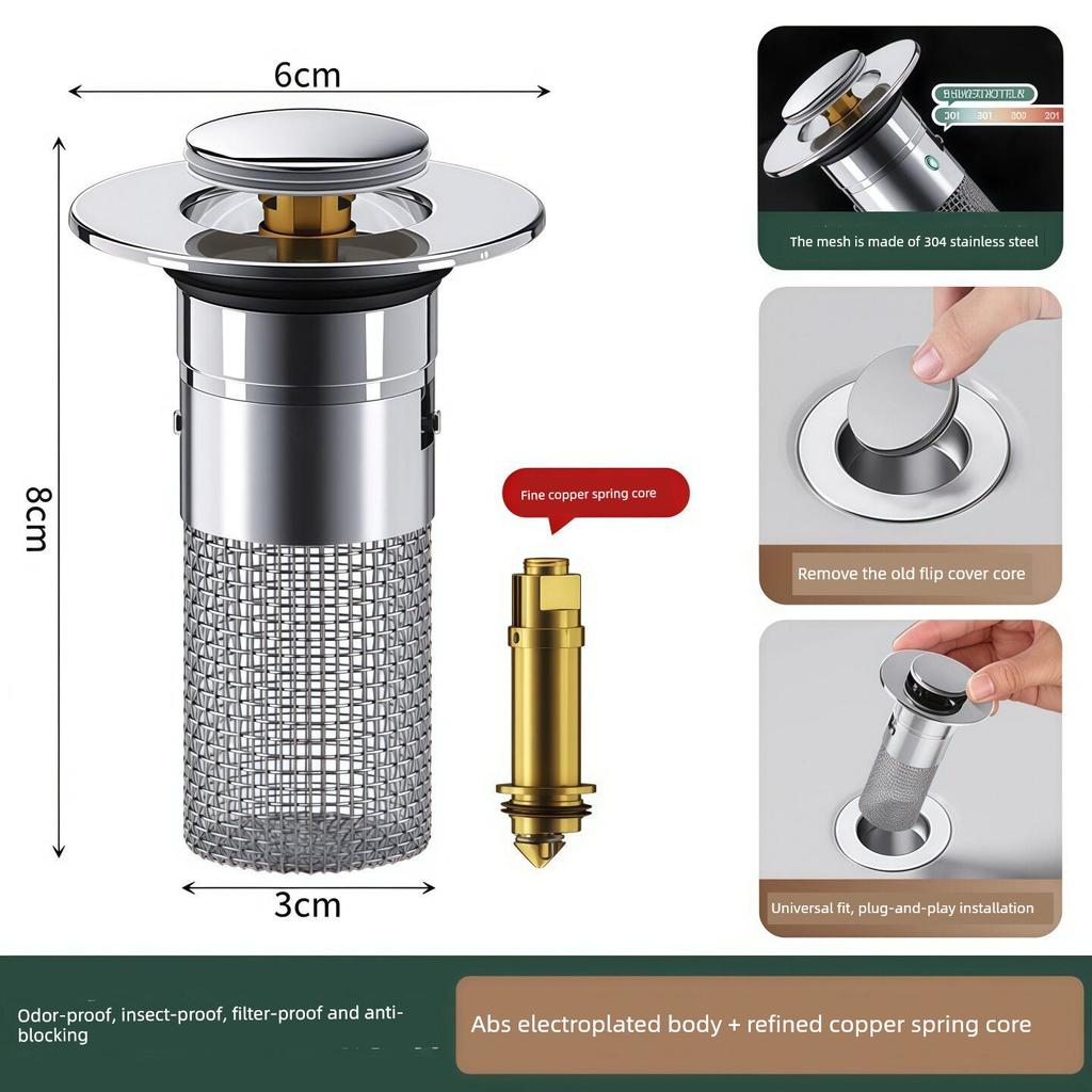 Stainless Steel Floor Drain Deodorizer Universal Washbasin Drain Filter Pop-Up Stopper Leak Stopper