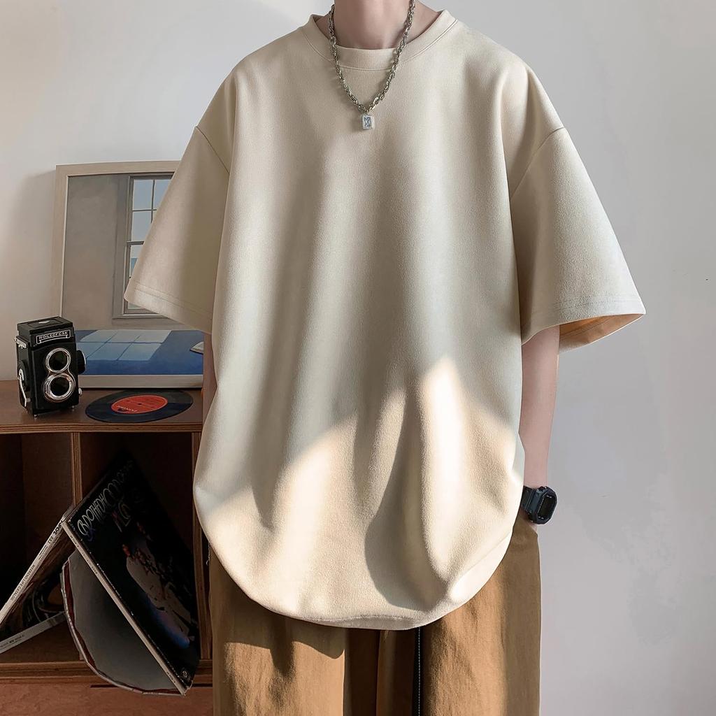 Sommer Wildleder Kurzarm Einfarbig Cool Langarm Long Street Wildleder Elfenbein 3XL [Fasshonrida] Kleidung, Herren T-Shirt, Top, Kleidung, Beliebt, T-Shirt,