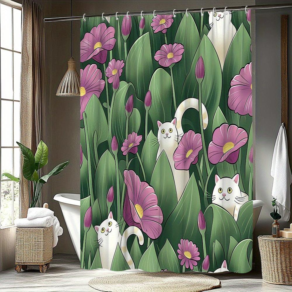 1Pc Cat Funny Animal Pattern Shower Curtain Vivid Floral Leaves Background Design Fun And Interesting Bathroom Decor Polyester