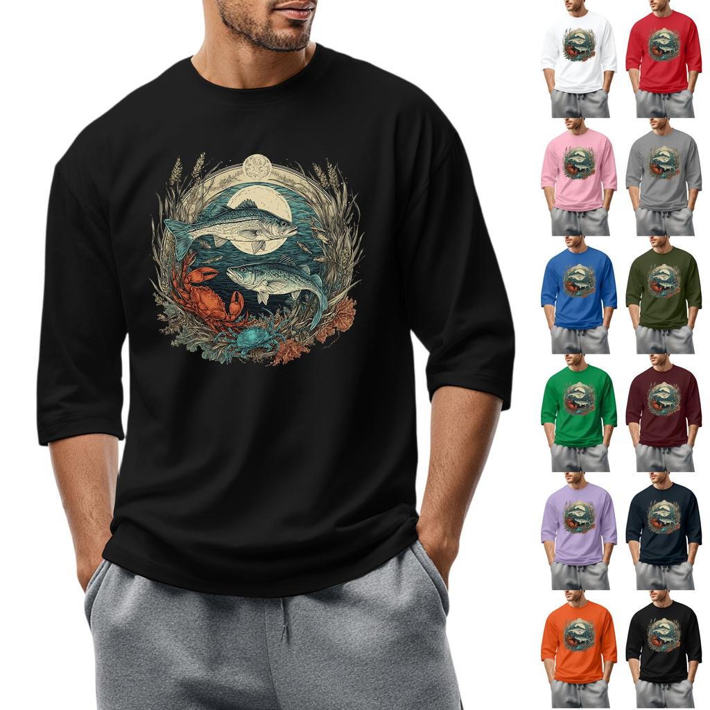 Men'S Round Neck Three-Quarters Sleeve Top Casual Fashion T-Shirt