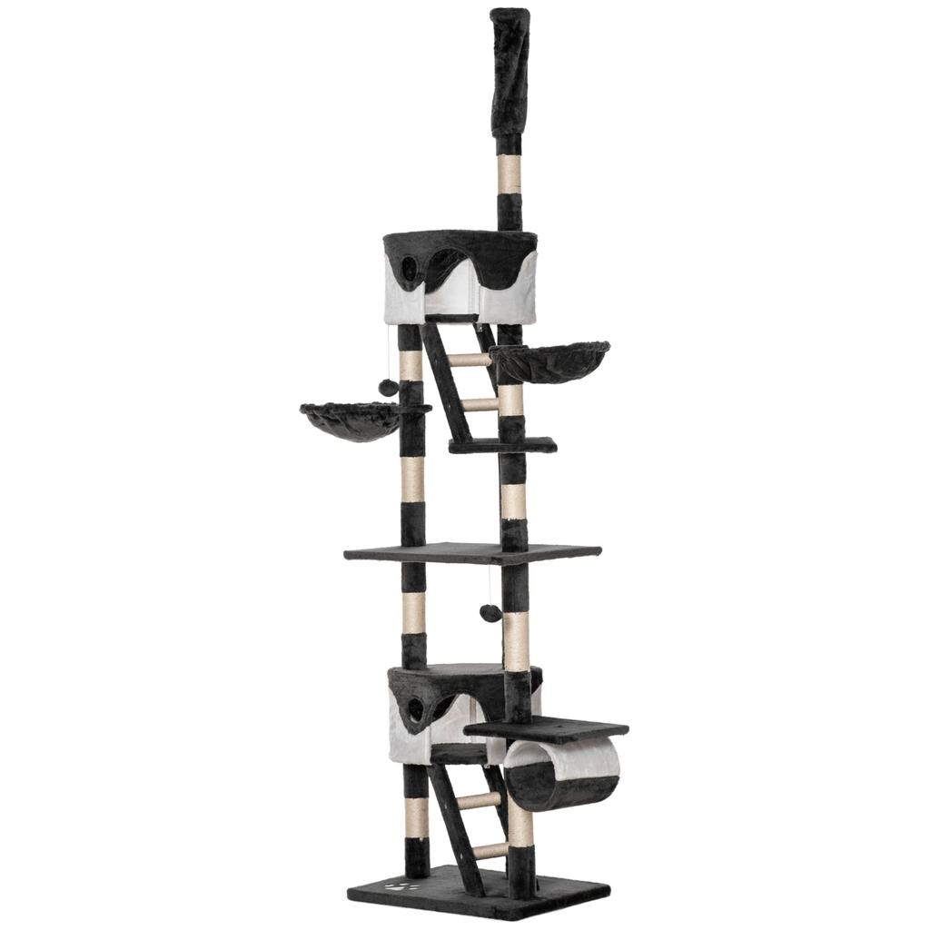 Ceiling Cat Scratching Post with Adjustable Height 240-260cm, Multi-Level Cat Tree with Beds, Hammocks and Ladders, Sisal Ropes, Dark Grey and White