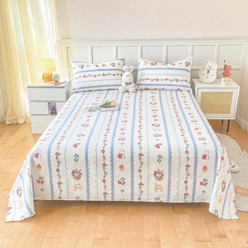 Cute Bear 100% Cotton Bed Sheet Set Plaid Pattern Cartoon Theme Flat Sheets with 2 Pillowcases Breathable Soft Bedding Set