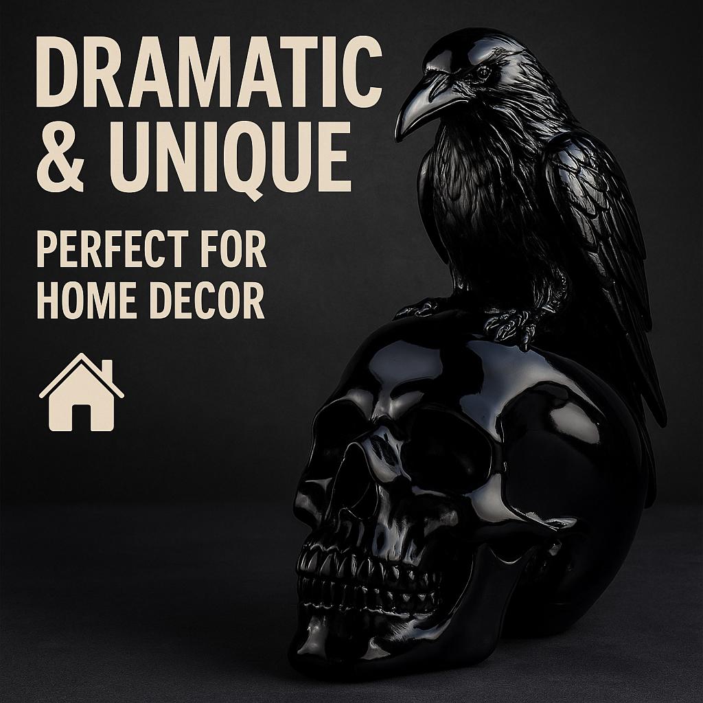 Gothic Skull And Crow Resin Statue Black Halloween Horror Skeleton Bird Figurine For Outdoor Garden Home Tabletop Decoration