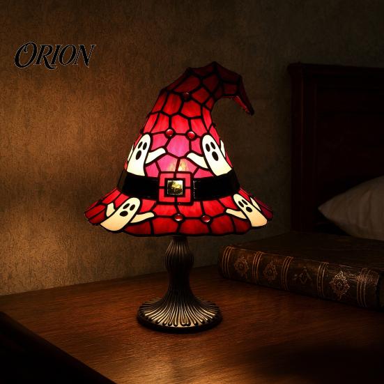 Stained Glass Bedside Lamp Witch Hat Lamp, Handcrafted Retro Resin USB Powered Gothic Table Wizard Hats Night Light, Halloween Home Decor Accent Lamps
