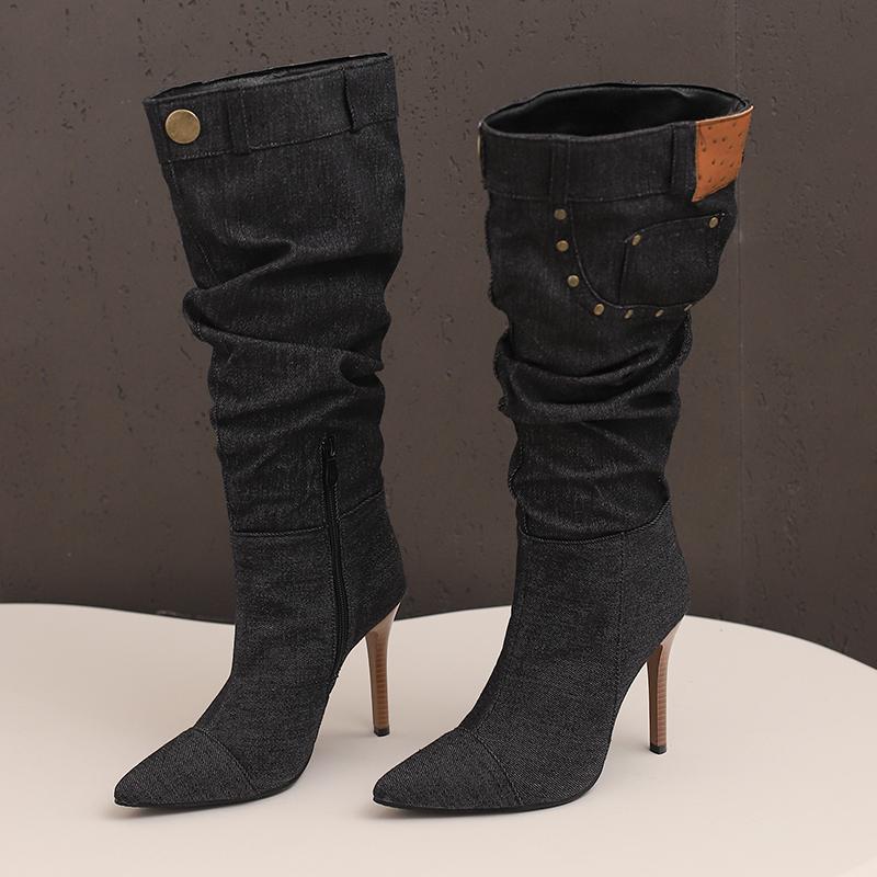 Women s high-heeled boots sexy European and American style pointed-toed thin-heeled large-size cowboy mid-boots 34 5229₽