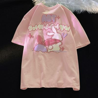 100% algodão verão casual oversized t-shirt mulheres harajuku bonito desenho animado impressão manga curta t-shirts rosa branco y2k tops namorada streetwear