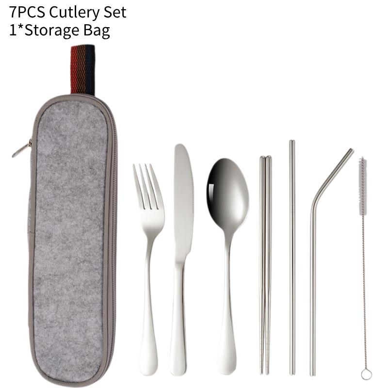 

Steel 7pcs Stainless Tableware Set Straw Fork Spoon Family Travel Cutler Camping Silver