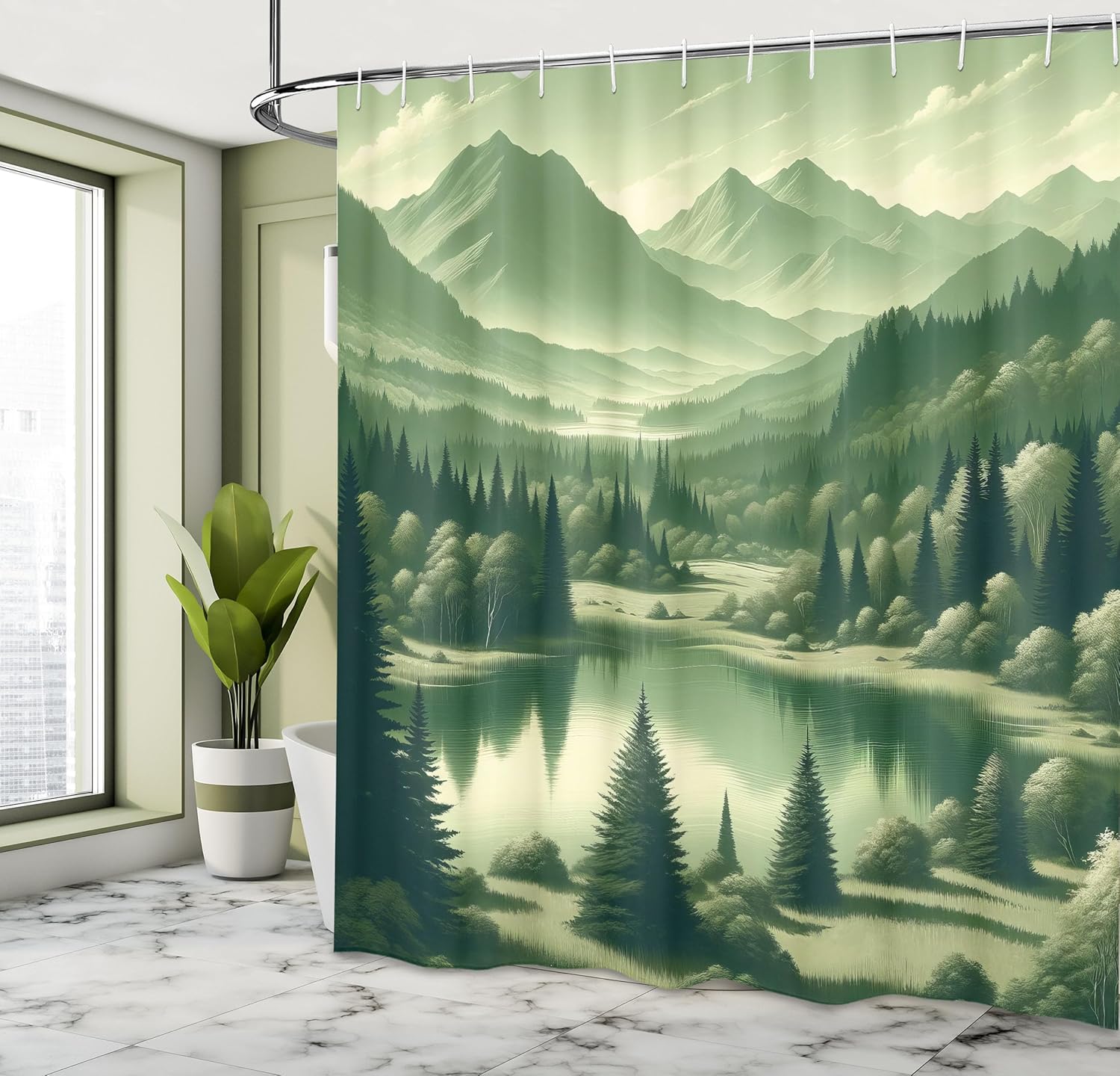 

Sage Green Shower Curtain, Peaceful Scenario Of Mountain Landscape Featuring Lake And Woods Nature, Cloth Fabric Bathr W60H190(CM)-1 Pcs