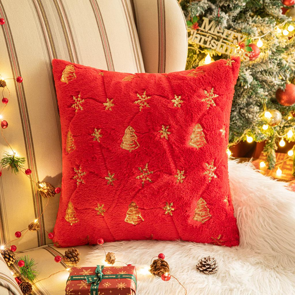 Square Sequin Christmas Throw Pillow Cases Christmas Tree Snowflake Shaggy Plush Pillowcases Sofa Cushion Covers Home Decor