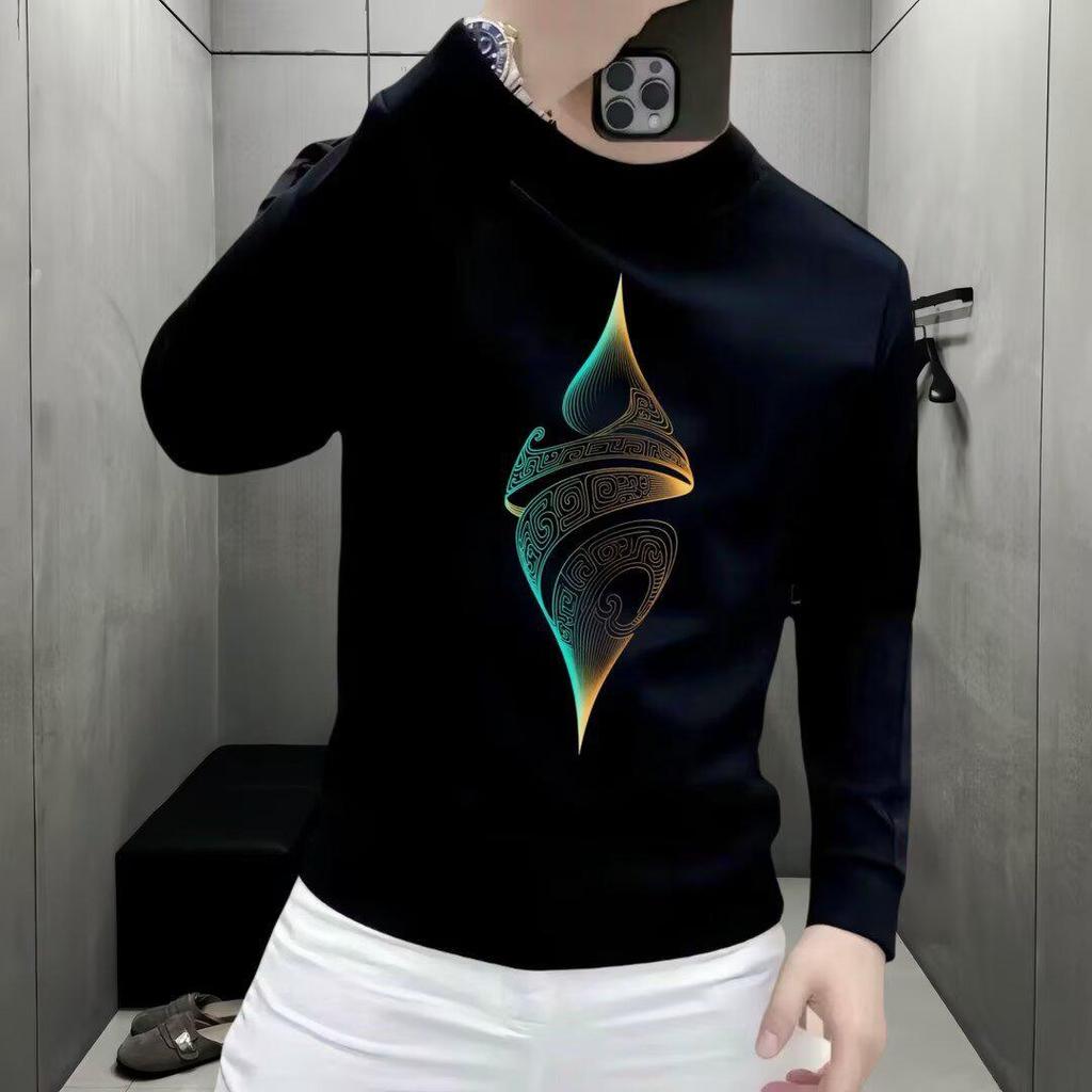 European Trendy Men's Slim-Fit Printed Hoodie: New Autumn/Winter Versatile Round Neck Top.