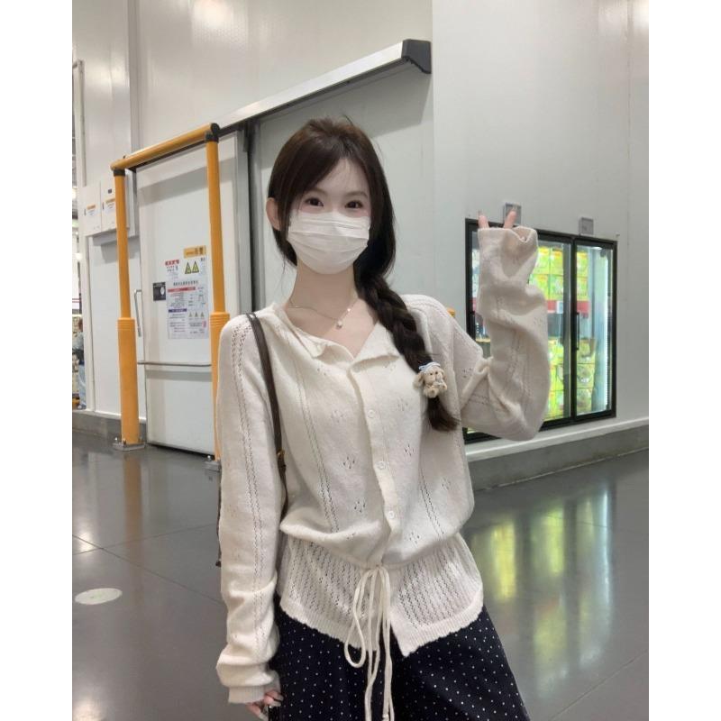Women S Long Sleeve Knit Sweater With Waist Tie Hollow Out Fashionable