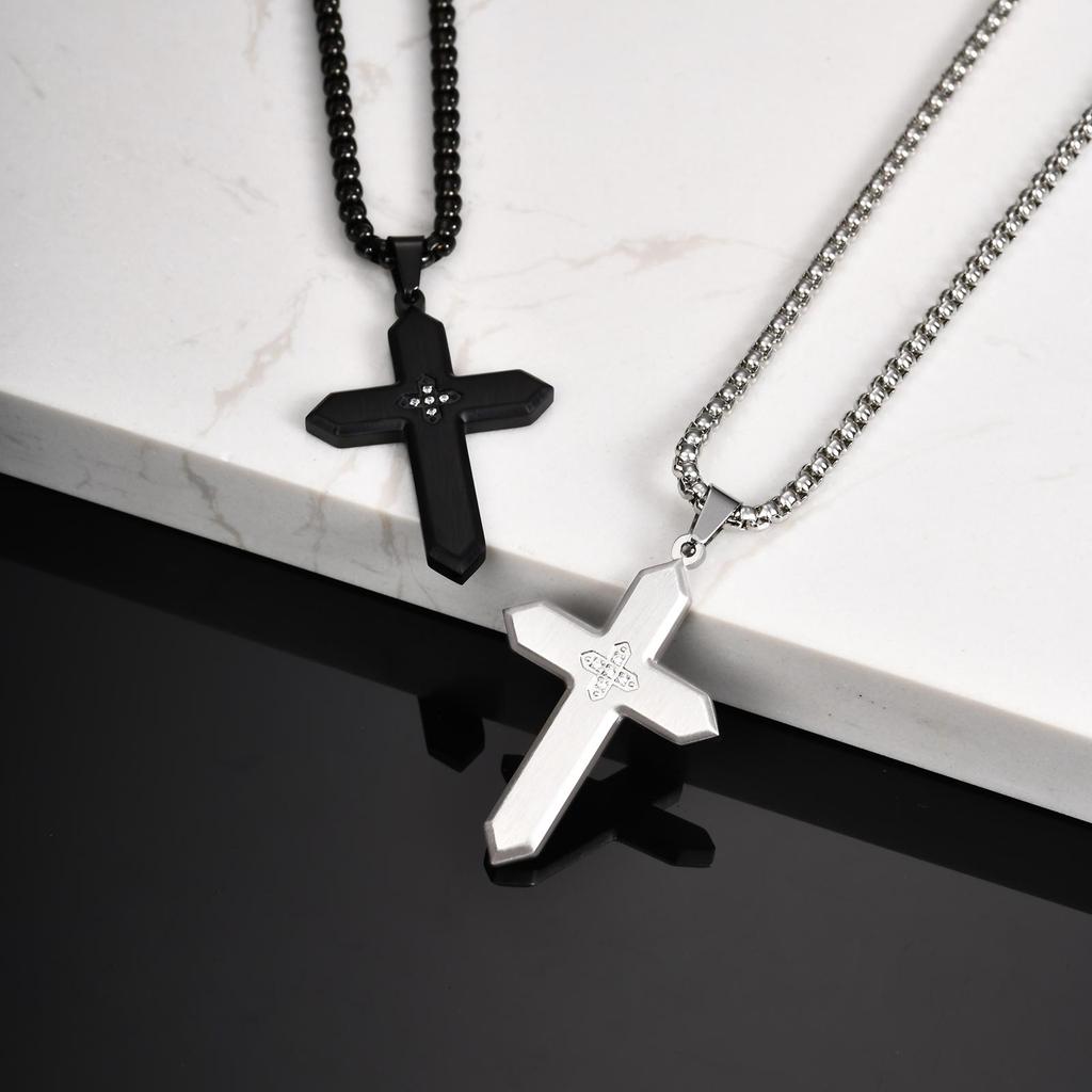 Stylish Stainless Steel Matte Cross Pendant Necklace With Zircon, Waterproof Christian Religious Faith Prayer Jewelry for Men