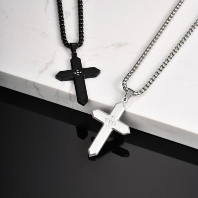 Stylish Stainless Steel Matte Cross Pendant Necklace With Zircon, Waterproof Christian Religious Faith Prayer Jewelry for Men