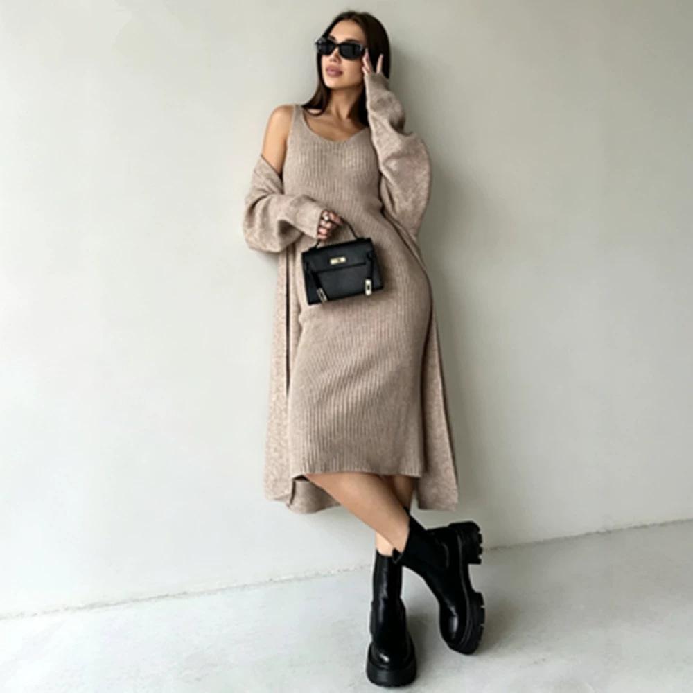 Knitted Suspender Dress European and American New Fashion Casual Cardigan Jacket Long Two-piece Hip Skirt Women