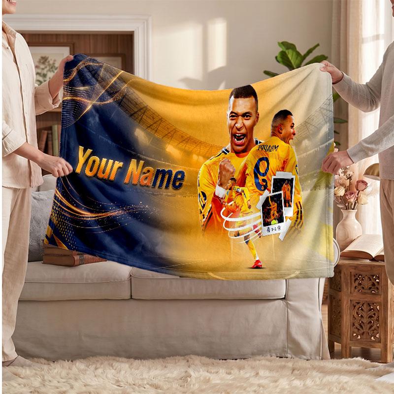 Kylian Mbappe Personalized Fleece Blanket With Football Logo, Custom Name Text Soft Warm Home Throw Blanket