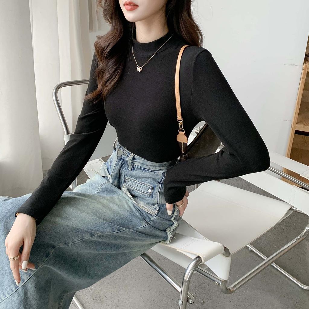 Coconut Oil Base Shirt for Women In Autumn and Winter New Korean Style Slim Fit and Velvet Round Neck Long Sleeve Versatile Warm Top