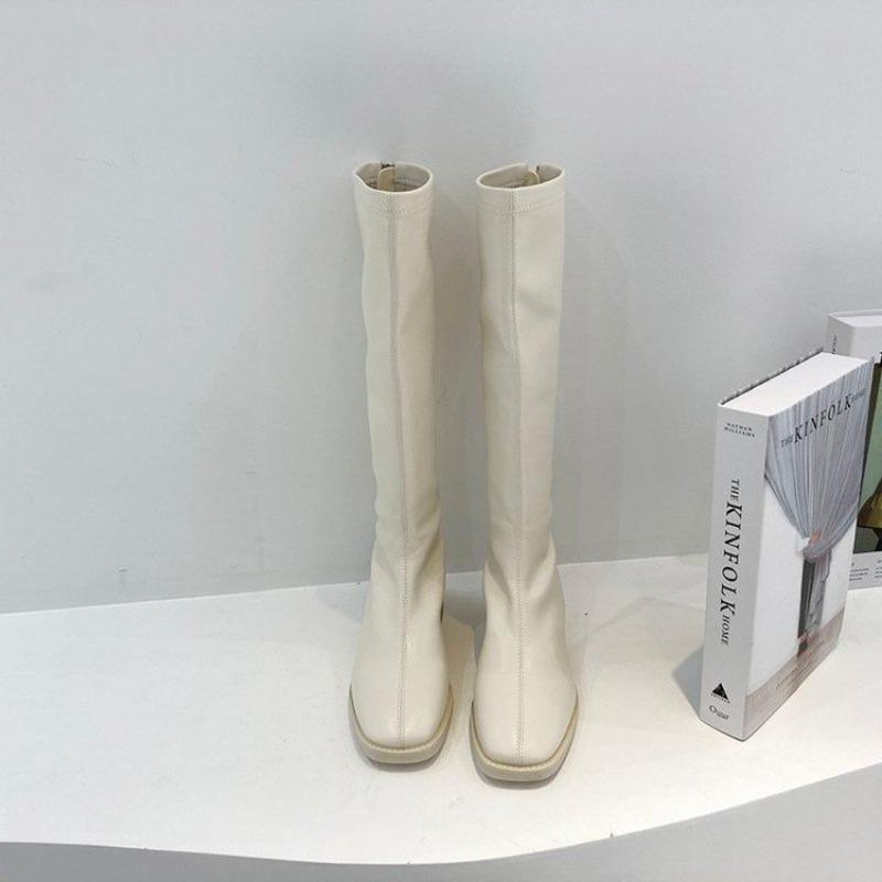 Rear zipper velvet boots New squareheaded knight boots White versatile high boots Women's thin boots