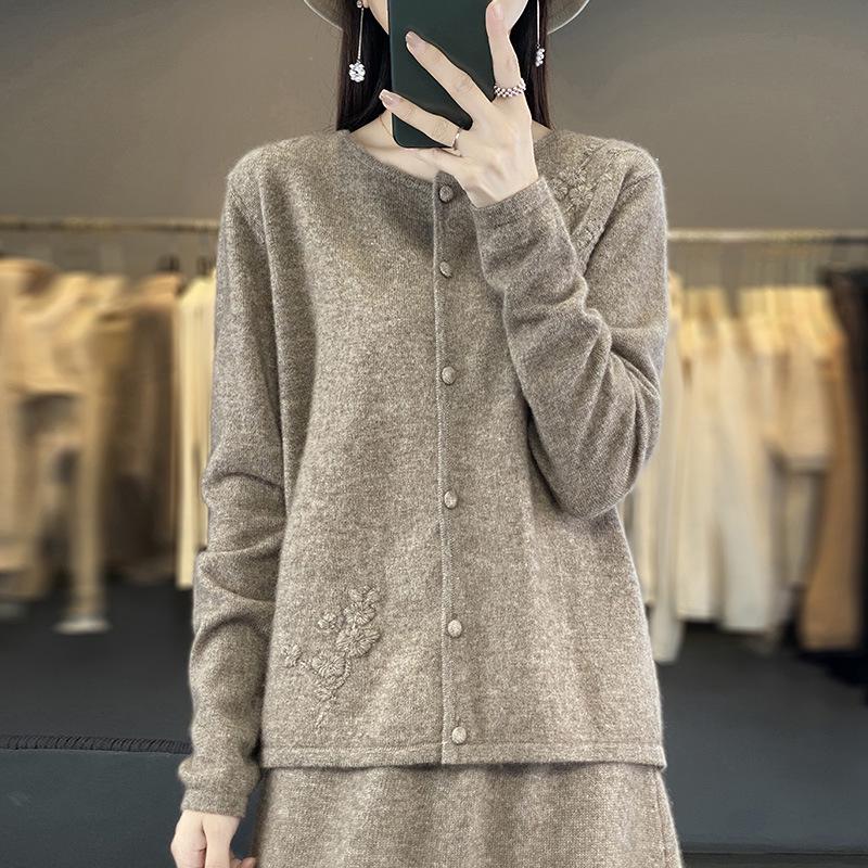 2023 Women's Elegant Australian Wool Crochet Cardigan - Autumn/Winter, Round Neck, Long Sleeve, Plain Color