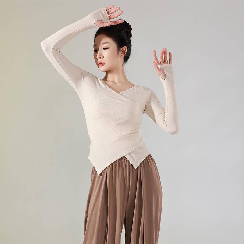 

Женский танцевальный топ с длинным рукавом и V-образным вырезом: Приталенный крой для фигурного катания, классики, китайского танца и экзаменов L